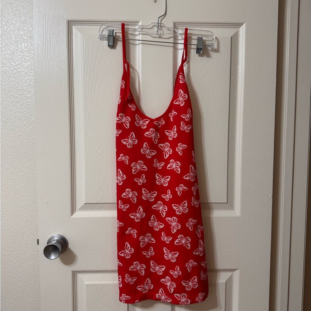 Red Dress with White Butterfly Print